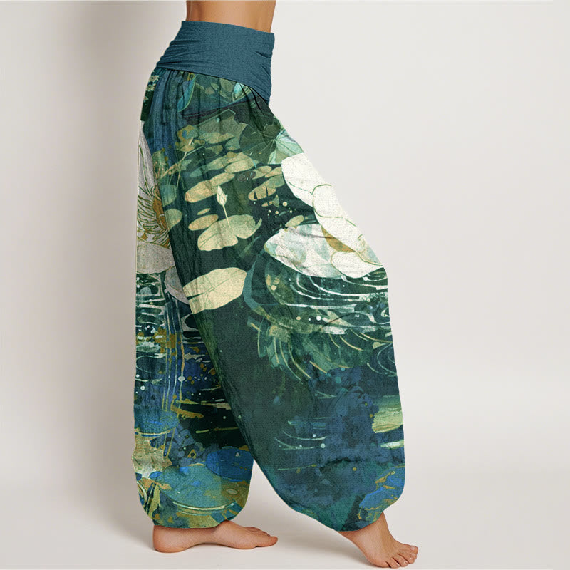 Buddha Stones Lässige, charmante Haremshose mit Lotusblumenmuster für Damen, elastische Taille - image 2
