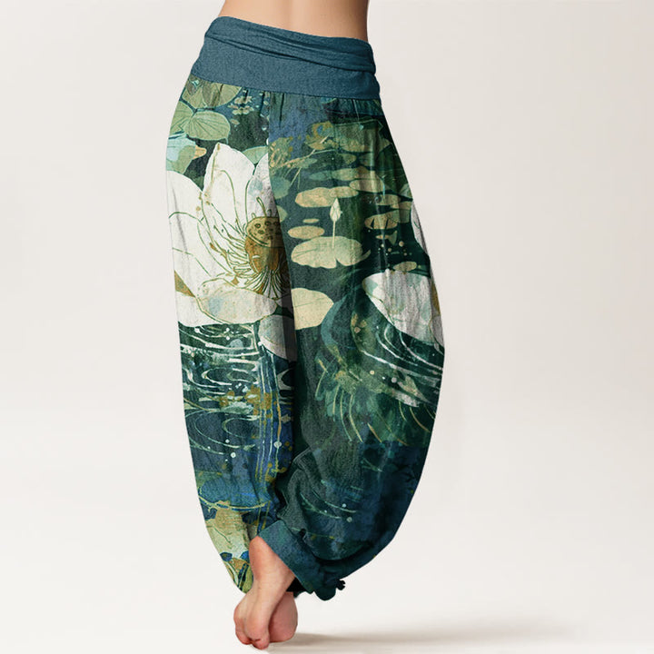Buddha Stones Lässige, charmante Haremshose mit Lotusblumenmuster für Damen, elastische Taille - image 3