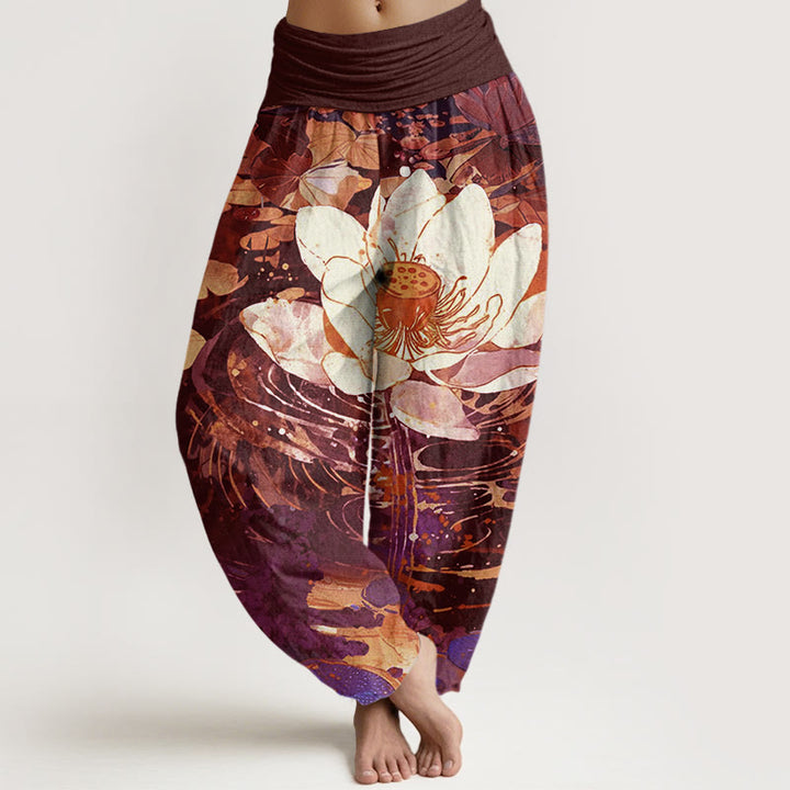 Buddha Stones Lässige, charmante Haremshose mit Lotusblumenmuster für Damen, elastische Taille - Braun - US22， UK/AU26，EU54 (6XL) - image 5