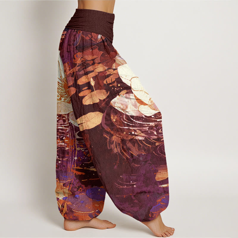 Buddha Stones Lässige, charmante Haremshose mit Lotusblumenmuster für Damen, elastische Taille - image 6