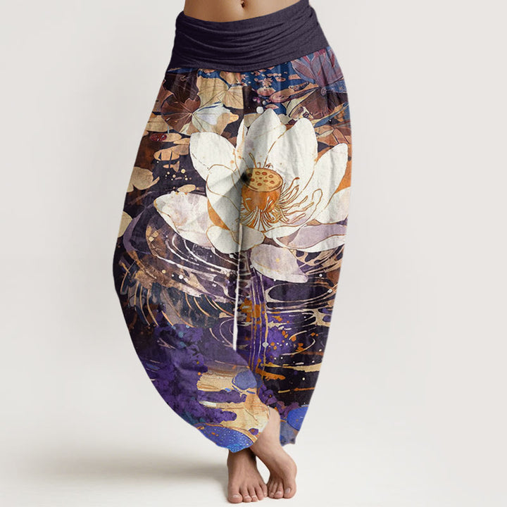 Buddha Stones Lässige, charmante Haremshose mit Lotusblumenmuster für Damen, elastische Taille - Indigo - US22， UK/AU26，EU54 (6XL) - image 8