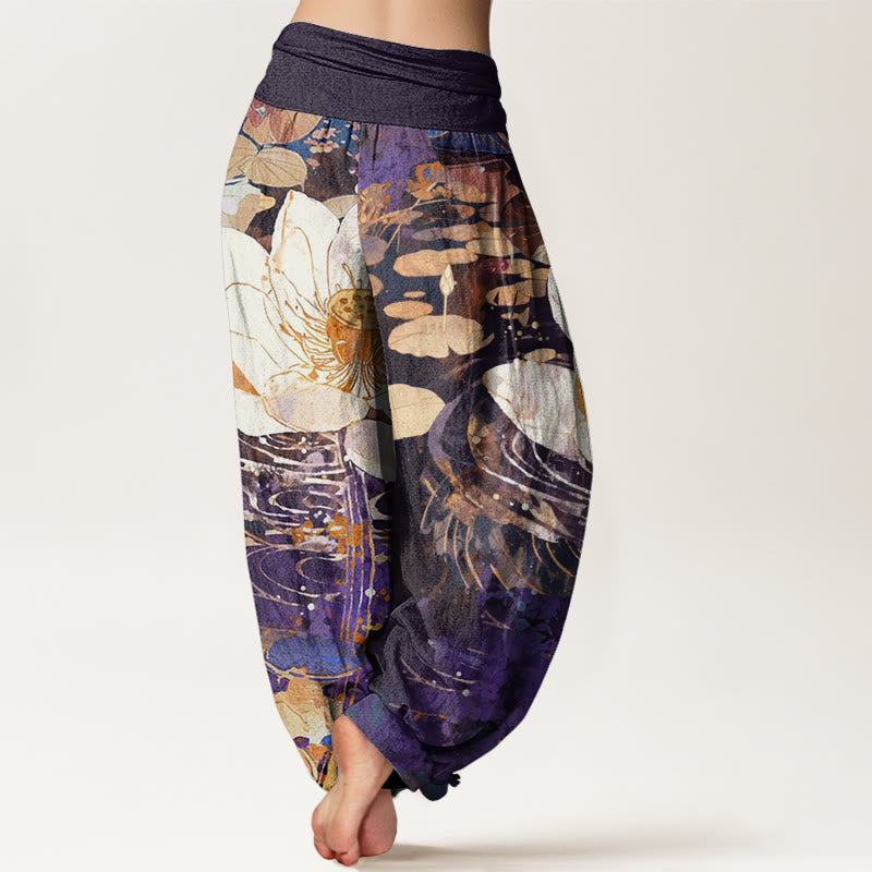 Buddha Stones Lässige, charmante Haremshose mit Lotusblumenmuster für Damen, elastische Taille - image 10