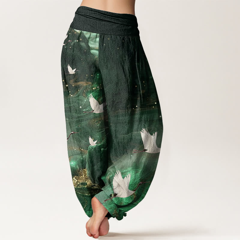 Buddha Stones Lässige Haremshose für Damen mit elastischer Taille und fliegendem Kranichmuster - image 3