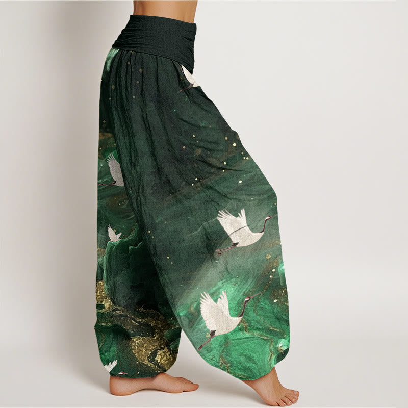 Buddha Stones Lässige Haremshose für Damen mit elastischer Taille und fliegendem Kranichmuster - image 2
