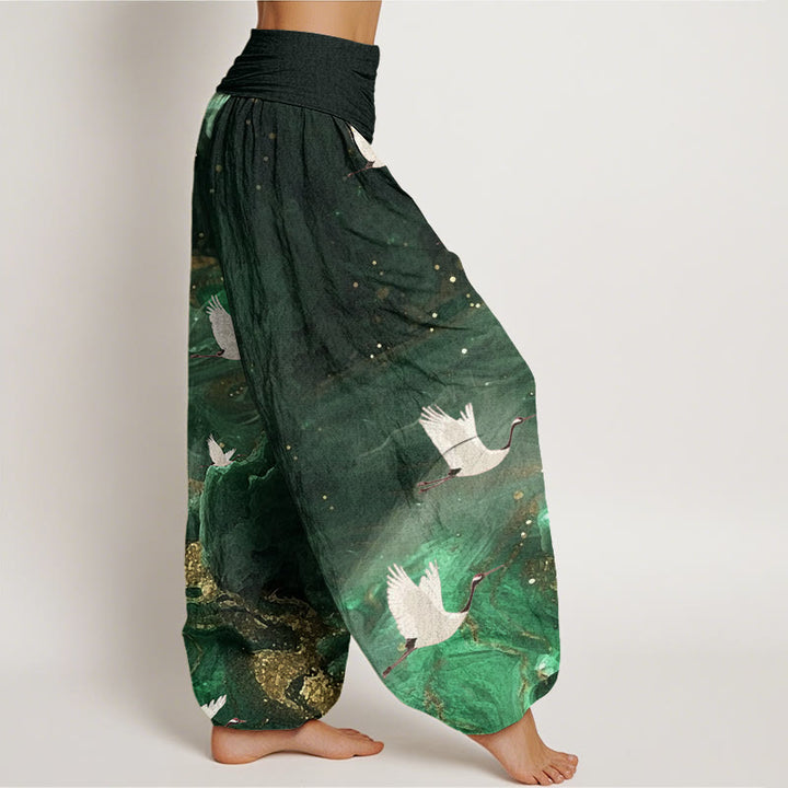 Buddha Stones Lässige Haremshose für Damen mit elastischer Taille und fliegendem Kranichmuster - image 2