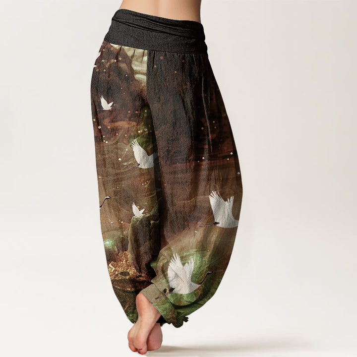 Buddha Stones Lässige Haremshose für Damen mit elastischer Taille und fliegendem Kranichmuster - image 7
