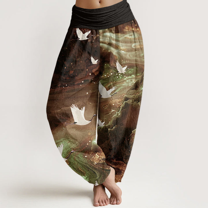 Buddha Stones Lässige Haremshose für Damen mit elastischer Taille und fliegendem Kranichmuster - Sattelbraun - US22， UK/AU26，EU54 (6XL) - image 5