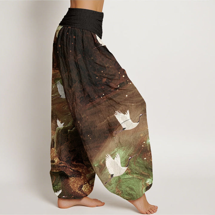 Buddha Stones Lässige Haremshose für Damen mit elastischer Taille und fliegendem Kranichmuster - image 6