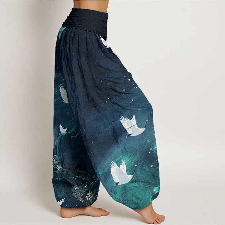 Buddha Stones Lässige Haremshose für Damen mit elastischer Taille und fliegendem Kranichmuster - image 9