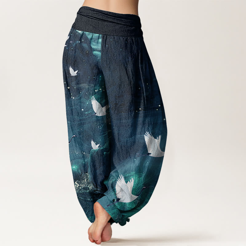 Buddha Stones Lässige Haremshose für Damen mit elastischer Taille und fliegendem Kranichmuster - image 10