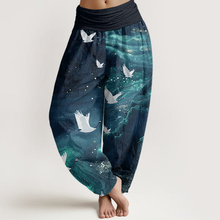 Buddha Stones Lässige Haremshose für Damen mit elastischer Taille und fliegendem Kranichmuster - Mitternachtsblau - US22， UK/AU26，EU54 (6XL) - image 8