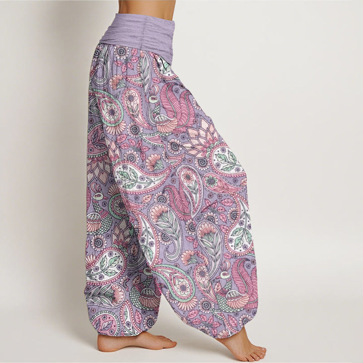Buddha Stones Damen-Haremshose aus reiner Baumwolle mit Cashew-Blumen-Pfauen-Sonnenblumen-Design und elastischer Taille