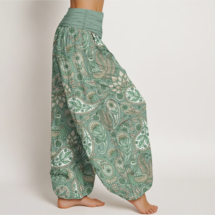 Buddha Stones Damen-Haremshose aus reiner Baumwolle mit Cashew-Blumen-Pfauen-Sonnenblumen-Design und elastischer Taille