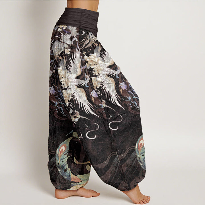 Buddha Stones Damen-Haremshose mit elastischer Taille und Phönix-Blumenmuster aus reiner Baumwolle