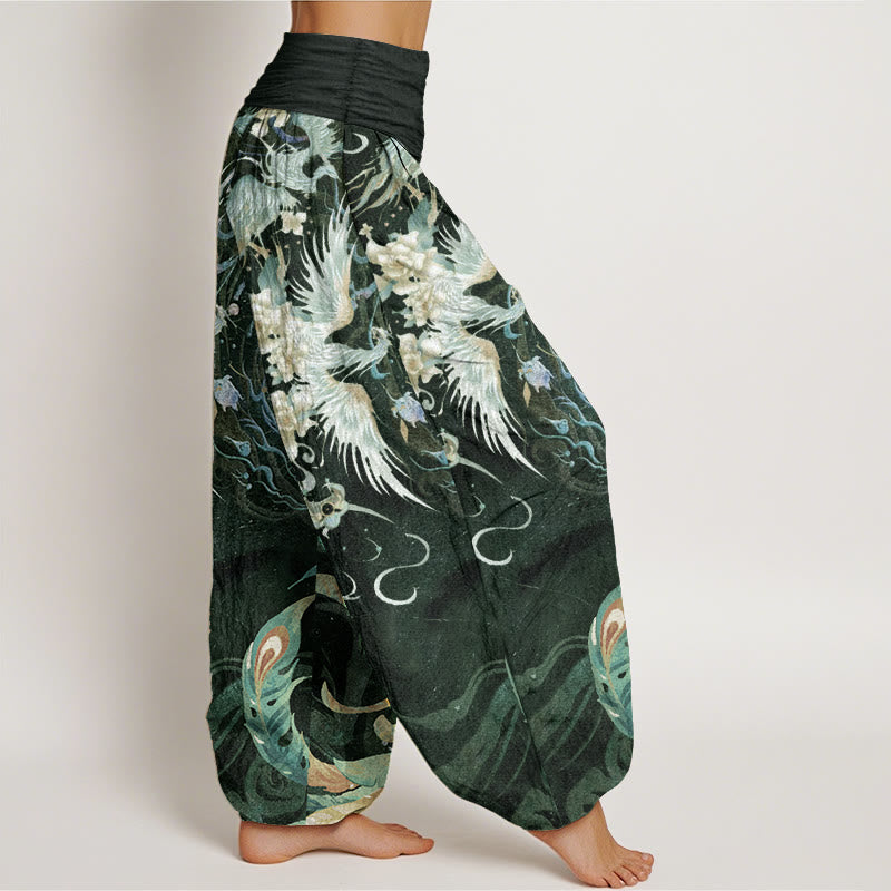 Buddha Stones Damen-Haremshose mit elastischer Taille und Phönix-Blumenmuster aus reiner Baumwolle