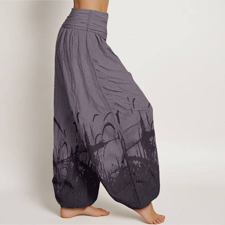 Buddha Stones Damen-Haremshose mit elastischer Taille und Wildgras-Muster aus reiner Baumwolle