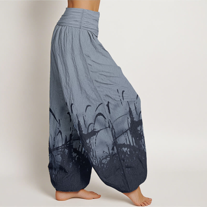 Buddha Stones Damen-Haremshose mit elastischer Taille und Wildgras-Muster aus reiner Baumwolle
