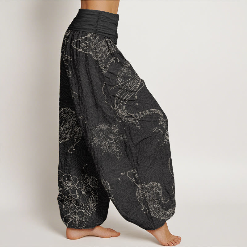 Buddha Stones Damen-Haremshose mit elastischer Taille und Koi-Fisch-Blumenmuster aus reiner Baumwolle