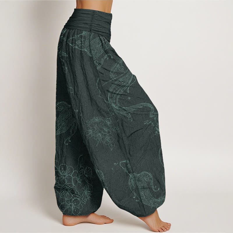 Buddha Stones Damen-Haremshose mit elastischer Taille und Koi-Fisch-Blumenmuster aus reiner Baumwolle