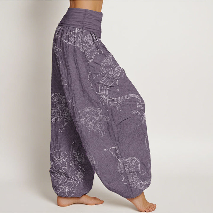 Buddha Stones Damen-Haremshose mit elastischer Taille und Koi-Fisch-Blumenmuster aus reiner Baumwolle
