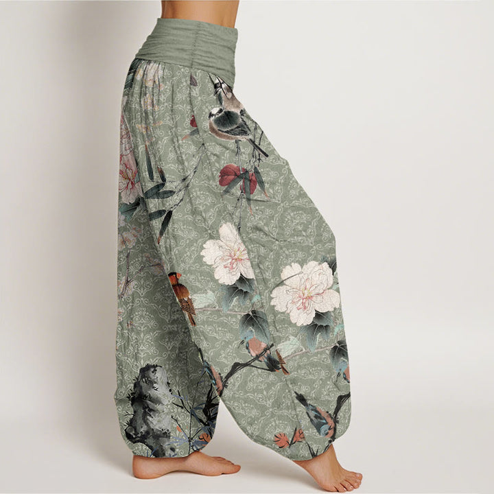 Haremshose aus reiner Baumwolle mit Buddha Stones, Grasmückenvogel, blühenden Blumenzweigen und Mandala-Muster für Damen mit elastischer Taille