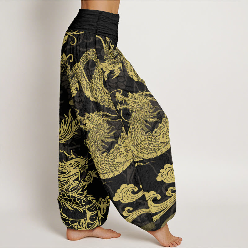 Buddha Stones Damen-Haremshose aus reiner Baumwolle mit Drachen- und Glückswolken-Motiv, elastische Taille