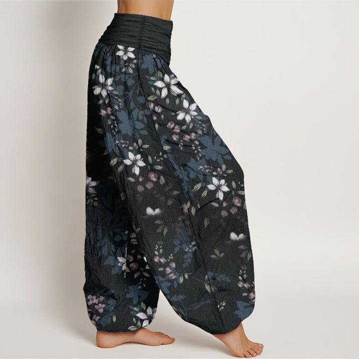 Buddha Stones Haremshose aus reiner Baumwolle mit kleinen weißen Blüten und grünen Blättern für Damen, elastische Taille