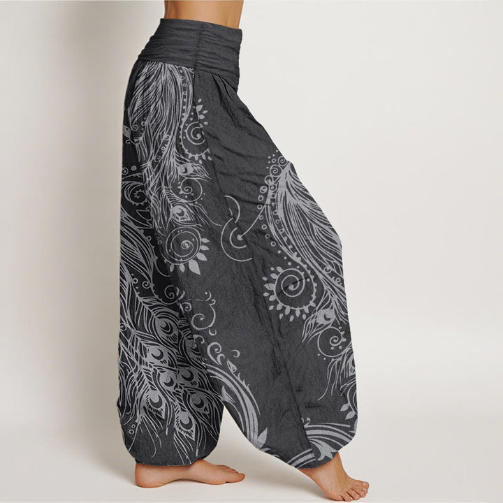 Buddha Stones Damen-Haremshose aus reiner Baumwolle mit Pfauen-Design und elastischer Taille