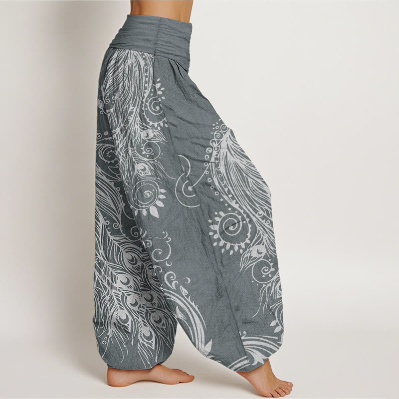 Buddha Stones Damen-Haremshose aus reiner Baumwolle mit Pfauen-Design und elastischer Taille