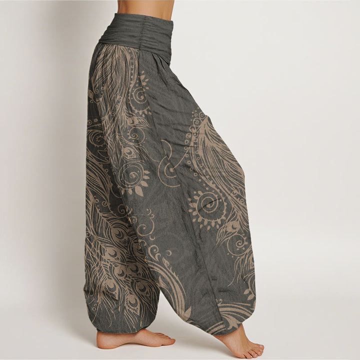 Buddha Stones Damen-Haremshose aus reiner Baumwolle mit Pfauen-Design und elastischer Taille