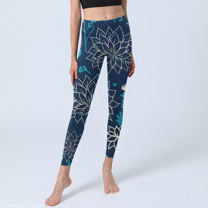 Buddha Stones Beige Blumen Blau Blätter Print Gym Leggings Damen Yoga Hose - image 5