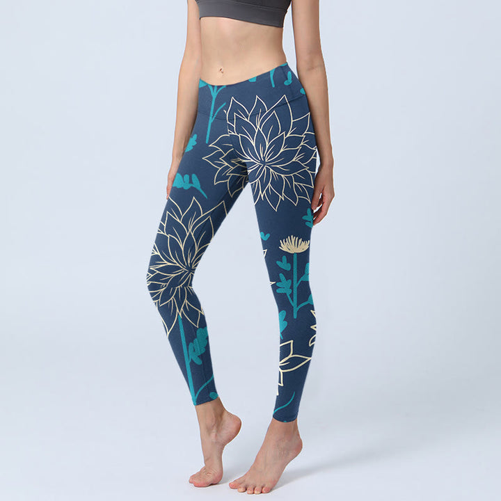 Buddha Stones Beige Blumen Blau Blätter Print Gym Leggings Damen Yoga Hose - Stahlblau - US18， UK/AU22，EU50 (4XL) - image 1