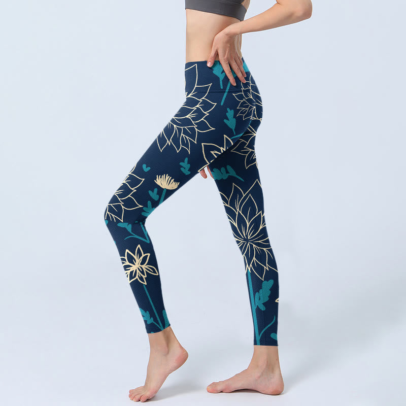 Buddha Stones Beige Blumen Blau Blätter Print Gym Leggings Damen Yoga Hose - image 3