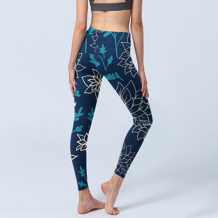 Buddha Stones Beige Blumen Blau Blätter Print Gym Leggings Damen Yoga Hose - image 4
