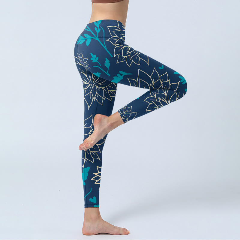 Buddha Stones Beige Blumen Blau Blätter Print Gym Leggings Damen Yoga Hose - image 4