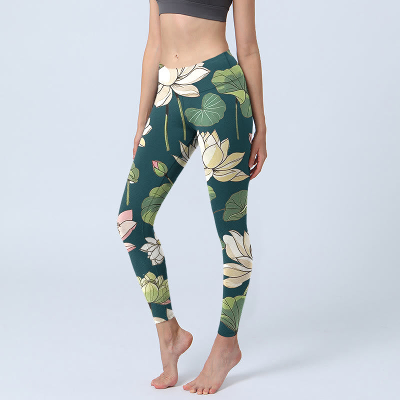 Buddha Stones Beige Rosa Lotusblüten Blätter Print Gym Leggings Damen Yogahose - Blaugrün - US18， UK/AU22，EU50 (4XL) - image 1