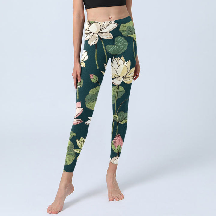 Buddha Stones Beige Rosa Lotusblüten Blätter Print Gym Leggings Damen Yogahose - image 6
