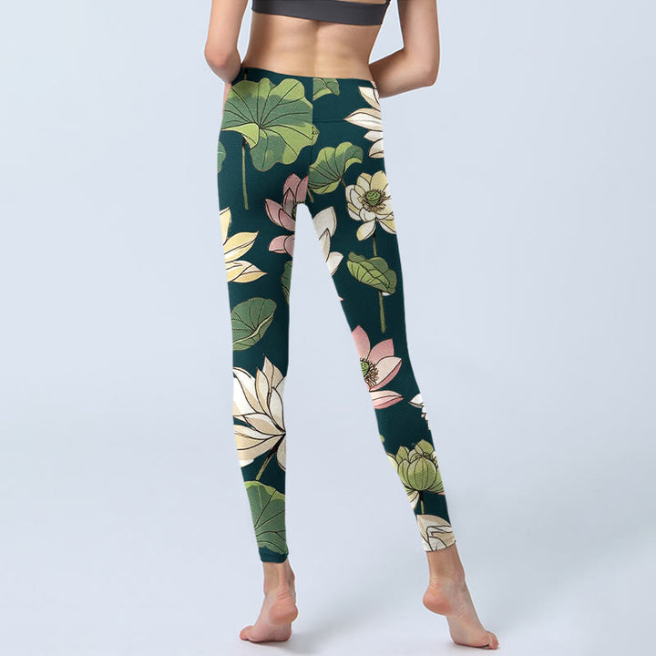 Buddha Stones Beige Rosa Lotusblüten Blätter Print Gym Leggings Damen Yogahose - image 7