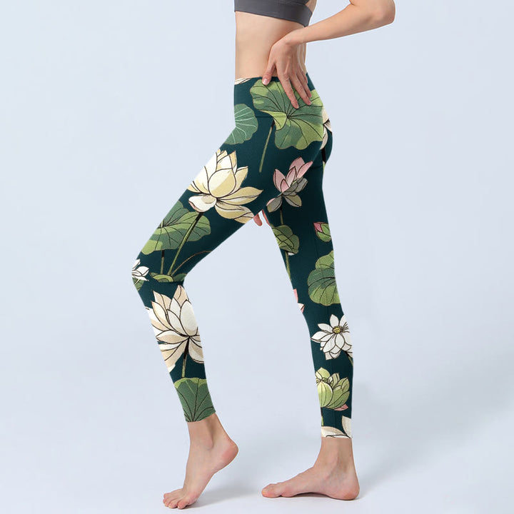 Buddha Stones Beige Rosa Lotusblüten Blätter Print Gym Leggings Damen Yogahose - image 3