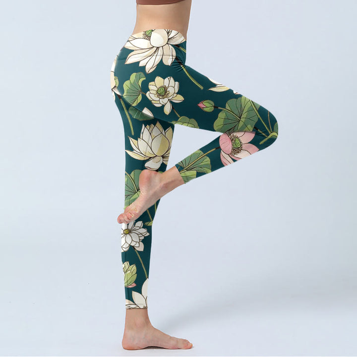 Buddha Stones Beige Rosa Lotusblüten Blätter Print Gym Leggings Damen Yogahose - image 3