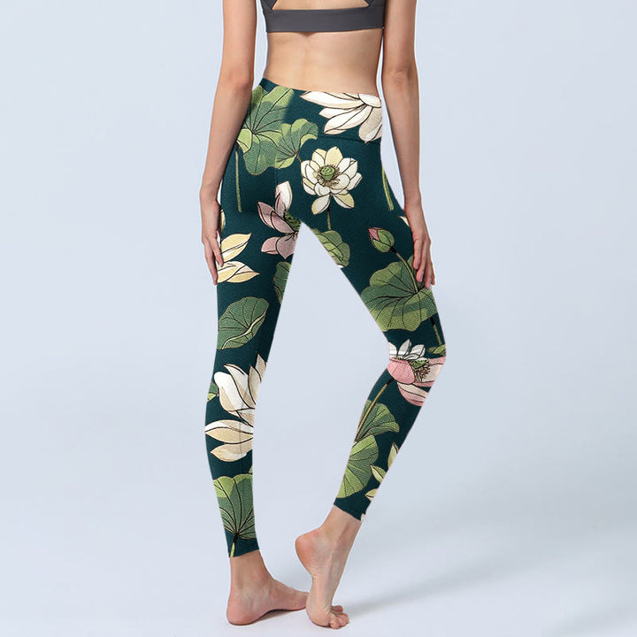 Buddha Stones Beige Rosa Lotusblüten Blätter Print Gym Leggings Damen Yogahose - image 5