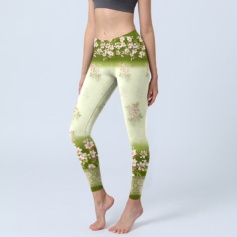 Buddha Stones Rosa Blumen Grüne Blätter Print Gym Leggings Damen Yogahose - Honigmelone - US18, UK/AU22, EU50 (4XL) - image 0