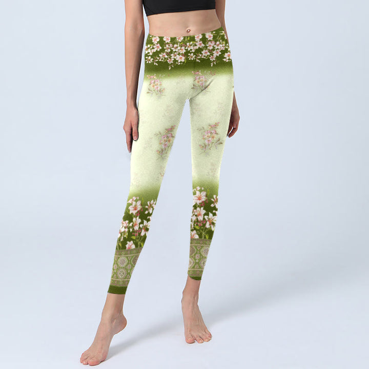 Buddha Stones Rosa Blumen Grüne Blätter Print Gym Leggings Damen Yogahose - image 5
