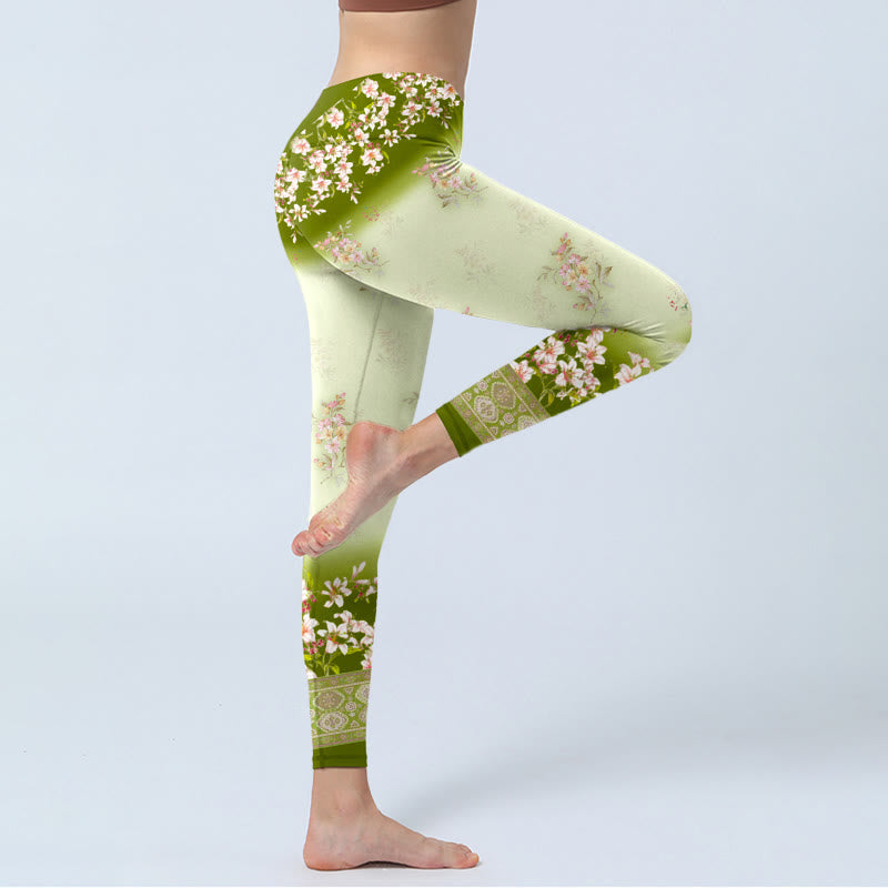 Buddha Stones Rosa Blumen Grüne Blätter Print Gym Leggings Damen Yogahose - image 3