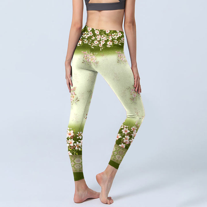 Buddha Stones Rosa Blumen Grüne Blätter Print Gym Leggings Damen Yogahose - image 4