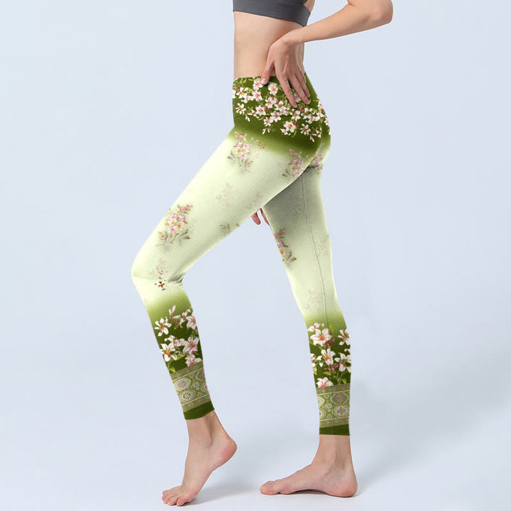 Buddha Stones Rosa Blumen Grüne Blätter Print Gym Leggings Damen Yogahose - image 2