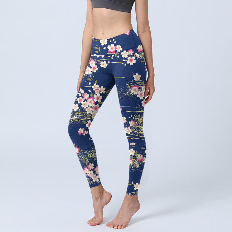 Buddha Stones Rosa Magenta Blumen Grüne Blätter Print Gym Leggings Damen Yoga Hose - SteelBlue - US18, UK/AU22, EU50 (4XL) - image 0