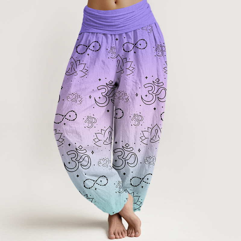 Buddha Stones, OM-Symbol, Lotus, meditierende Figur, Unendlichkeitsmuster, Haremshose für Damen mit elastischer Taille - Schieferblau - US22， UK/AU26，EU54 (6XL) - image 1