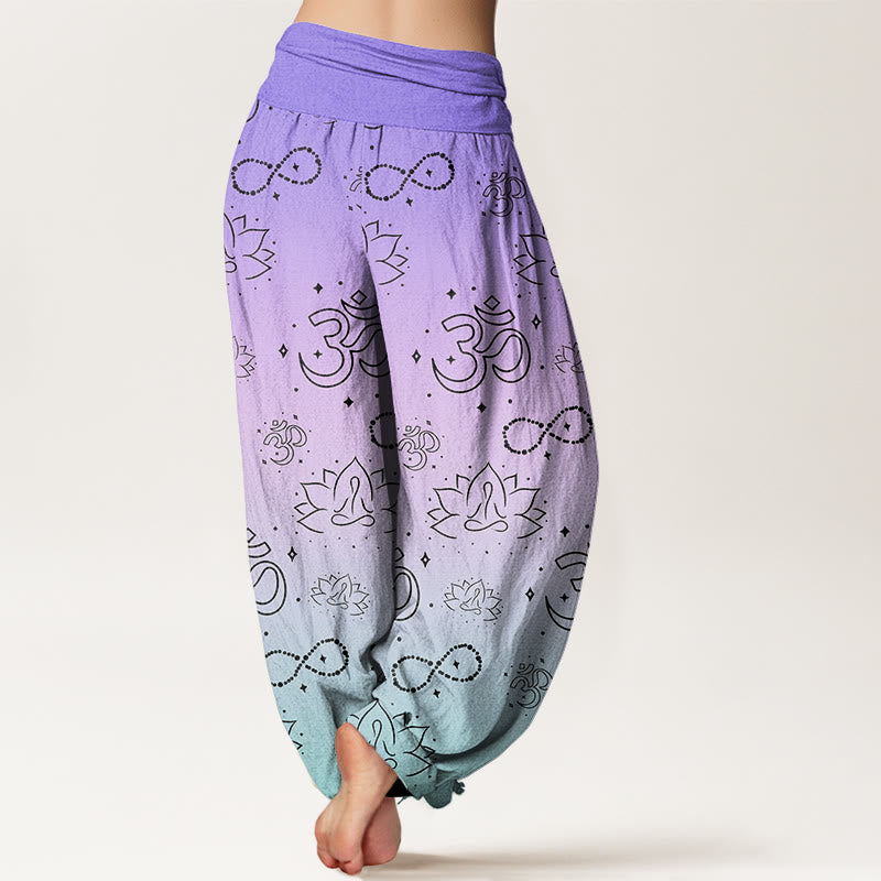 Buddha Stones, OM-Symbol, Lotus, meditierende Figur, Unendlichkeitsmuster, Haremshose für Damen mit elastischer Taille - image 2