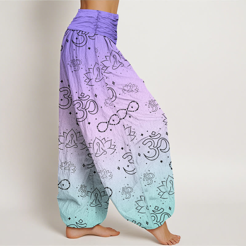 Buddha Stones, OM-Symbol, Lotus, meditierende Figur, Unendlichkeitsmuster, Haremshose für Damen mit elastischer Taille - image 3